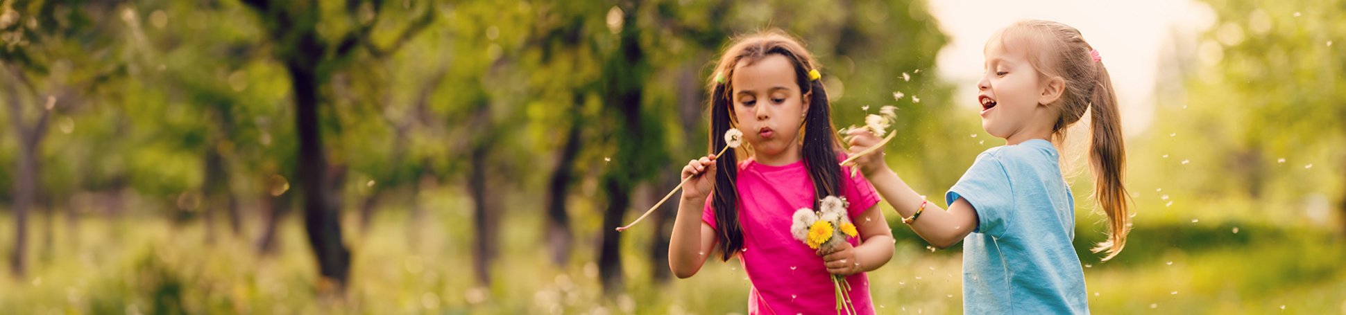 Zwei kleine Mädchen spielen mit Pusteblumen
