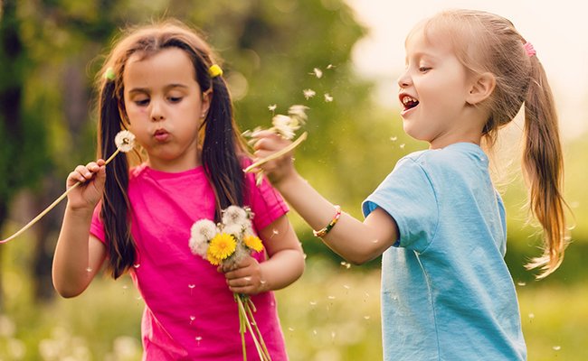 Zwei kleine Mädchen spielen mit Pusteblumen