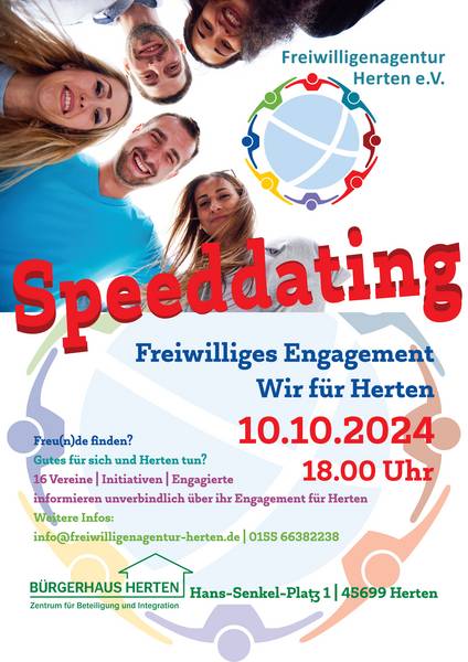 Plakat zur Ankündigung des Speeddatings für Engagierte der Freiwilligenagentur Herten im Bürgerhaus Herten am 10. Oktober 2024.