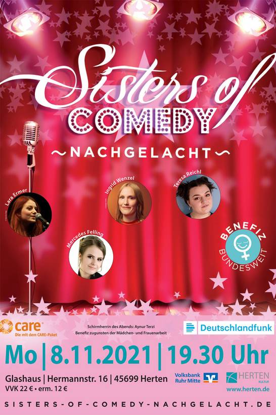 Lara Ermer, Ingrid Wenzel und Teresa Reichl sind „Sisters of Comedy 2021“. Sängerin Mercedes Felling unterstützt sie dabei musikalisch.