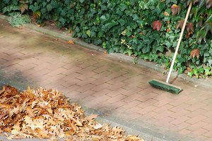 Sauberer Gehweg mit Besen und Blättern auf der Straße