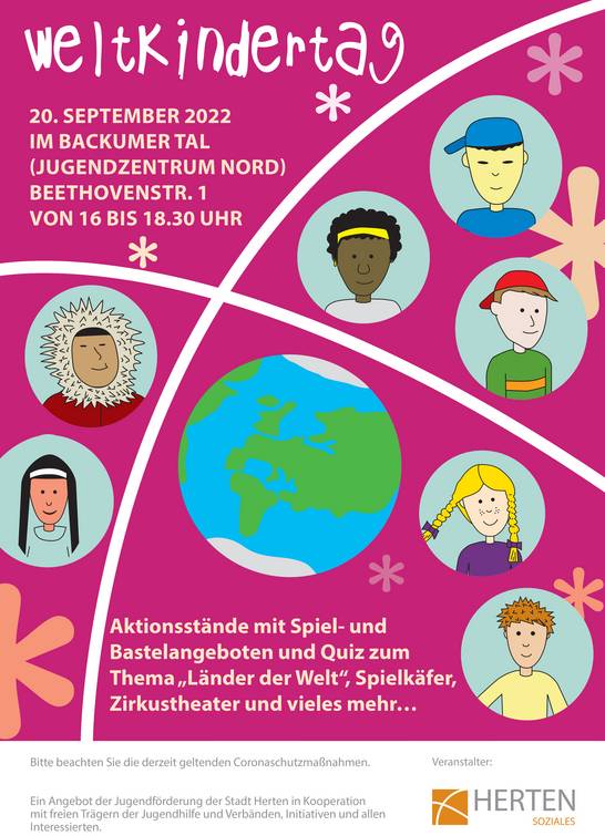 Am Dienstag, 20. September, ist Weltkindertag. Aus diesem Grund hat die Jugendförderung der Stadt Herten eine Rallye zum Thema „Länder der Welt“ organisiert. Kinder und Jugendliche können zwischen 16 und 18.30 Uhr im Backumer Tal an den Ständen der städtischen Kinder- und Jugendarbeit sowie den Ständen der verschiedenen freien Träger der Kinder- und Jugendarbeit die unterschiedlichsten Aufgaben lösen. Am Dienstag, 20. September, ist Weltkindertag. Aus diesem Grund hat die Jugendförderung der Stadt Herten eine Rallye zum Thema „Länder der Welt“ organisiert. Kinder und Jugendliche können zwischen 16 und 18.30 Uhr im Backumer Tal an den Ständen der städtischen Kinder- und Jugendarbeit sowie den Ständen der verschiedenen freien Träger der Kinder- und Jugendarbeit die unterschiedlichsten Aufgaben lösen.