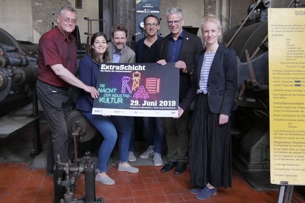 Frank Schwarz (RAG Montan Immobilian), Kirsten Hansonis (Ruhr Tourismus GmbH), Andreas Weidner (Club Schlägel & Eisen), Henning Prinz, (Zukunftsstandort Ewald), Peter Brautmeier (Stadt Herten) und Anna Gerhard (Stiftung für Industrie- und Denkmalpflege 
