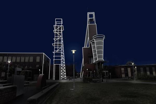 Die Idee von Gunda Förster zur Lichtinstallation der Zeche Schlägel und Eisen in Herten: Die poetische Einfachheit und das minimalistische grafische Bild überzeugten die Jury.
