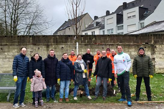 Anwohnerinnen und Anwohner pflanzten ihre gespendeten Bäume zusammen mit Mitarbeitenden des Zentralen Betriebshofs Herten (ZBH) am neuen Grünverbindungsweg zwischen der Neubausiedlung und der Ewaldstraße. (Foto: Stadt Herten_Gudrun Clausen)