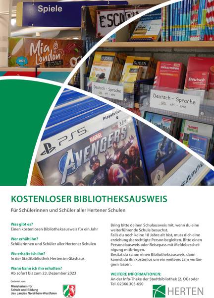 Schülerinnen und Schüler, die eine Hertener Schule besuchen, erhalten einen kostenlosen Büchereiausweis für ein Jahr ab Ausstellungsdatum. 