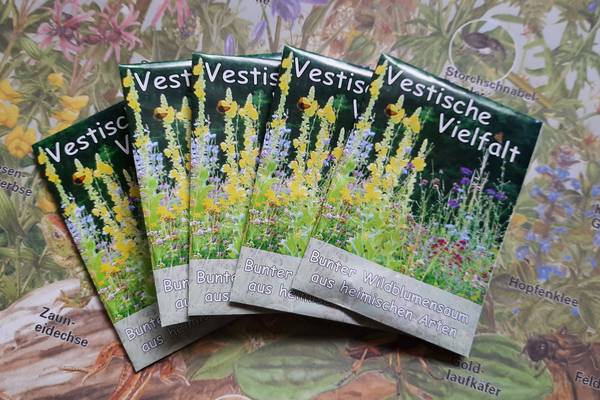 Die Saatgutmischung „Vestische Vielfalt“ mit Gräsern und Kräutern regionaler Herkunft, wurde eigens von der Unteren Naturschutzbehörde beim Kreis Recklinghausen entwickelt und wird ab sofort im Hertener Rathaus und beim Zentralen Betriebshof kostenfrei ausgegeben.
