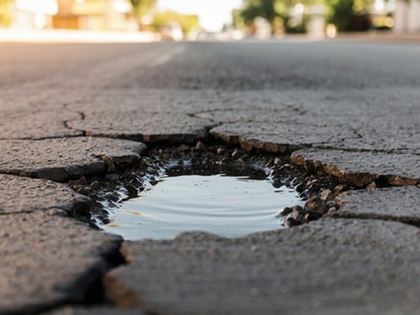 Nahaufnahme eines Schlaglochs auf der Straße