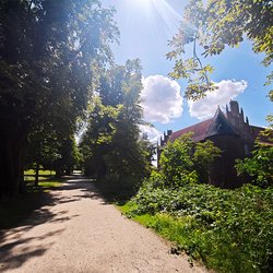 
                                Weg im Schlosspark mit Sicht auf das Schloss
                            