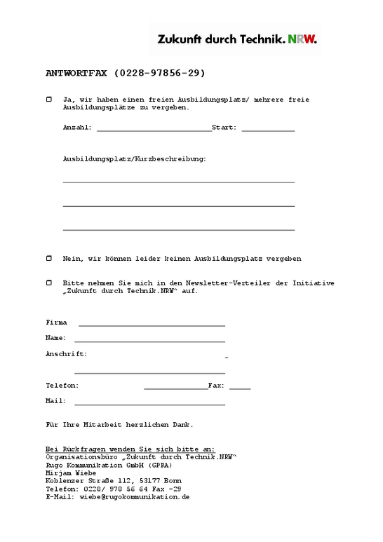 Lehrstellenaktion Antwortfax