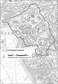 Ein Kartenausschnitt mit den Umrissen des Stadtumbaugebiets Innenstadt