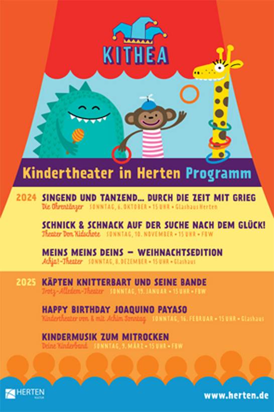 Auch in diesem Jahr möchte das Kulturbüro der Stadt Herten Kinderaugen zum Leuchten bringen. Aus diesem Grund heißt es von Oktober 2024 bis März 2025: Vorhang auf für die neue Spielzeit von Kithea, dem Kindertheater in Herten. Das dazugehörige Programmheft ist ab sofort erhältlich.